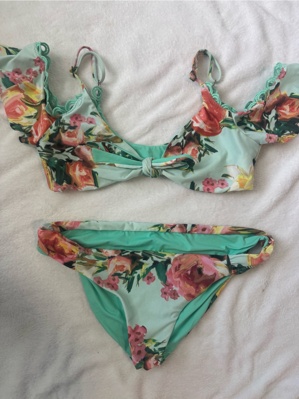 Floral Off-Shoulder Tie Front Bikini - Pastel Mint & Pink